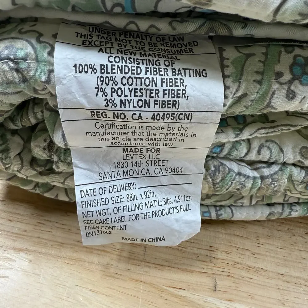 Levtex Home NWT Assisi Quilt Set Full/Queen 2 Shams Mint Green Paisley Floral